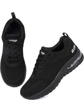 Women's All Black Lightweight Breathable Mesh Air Cushion Walking Running Shoes